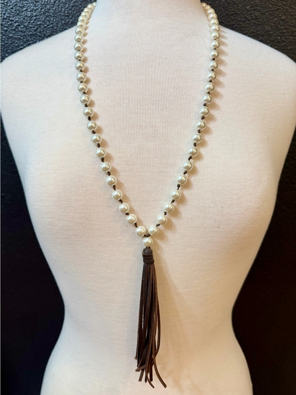 Pearl Bead Tassel Necklace - Ivory Pearls with Brown Tassel 21”L